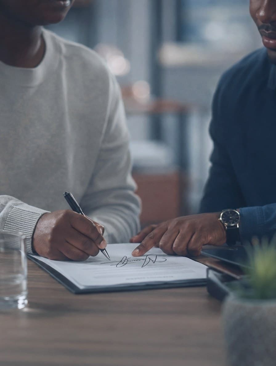Two business owners at a desk signing a funding agreement, one pointing to the signature line.